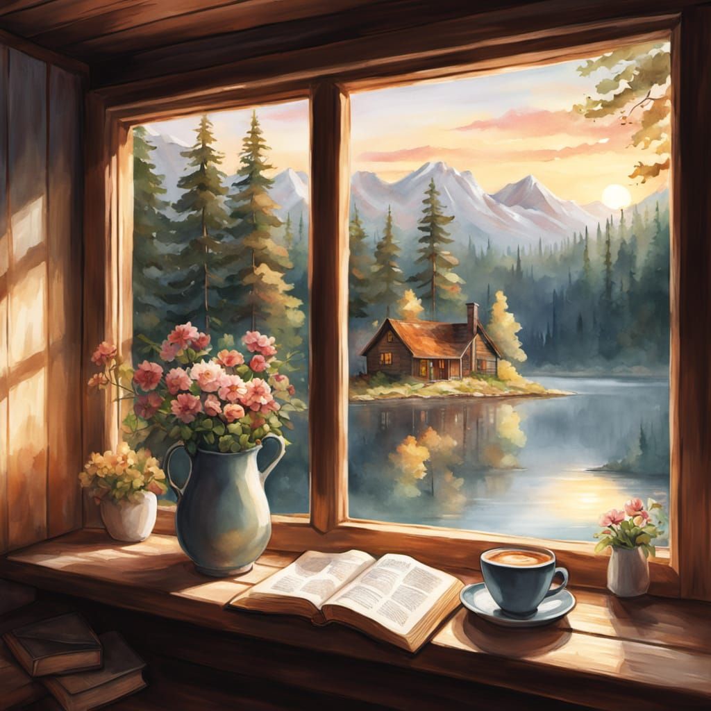 Cozy Cabin at Sunrise in Watercolor Style