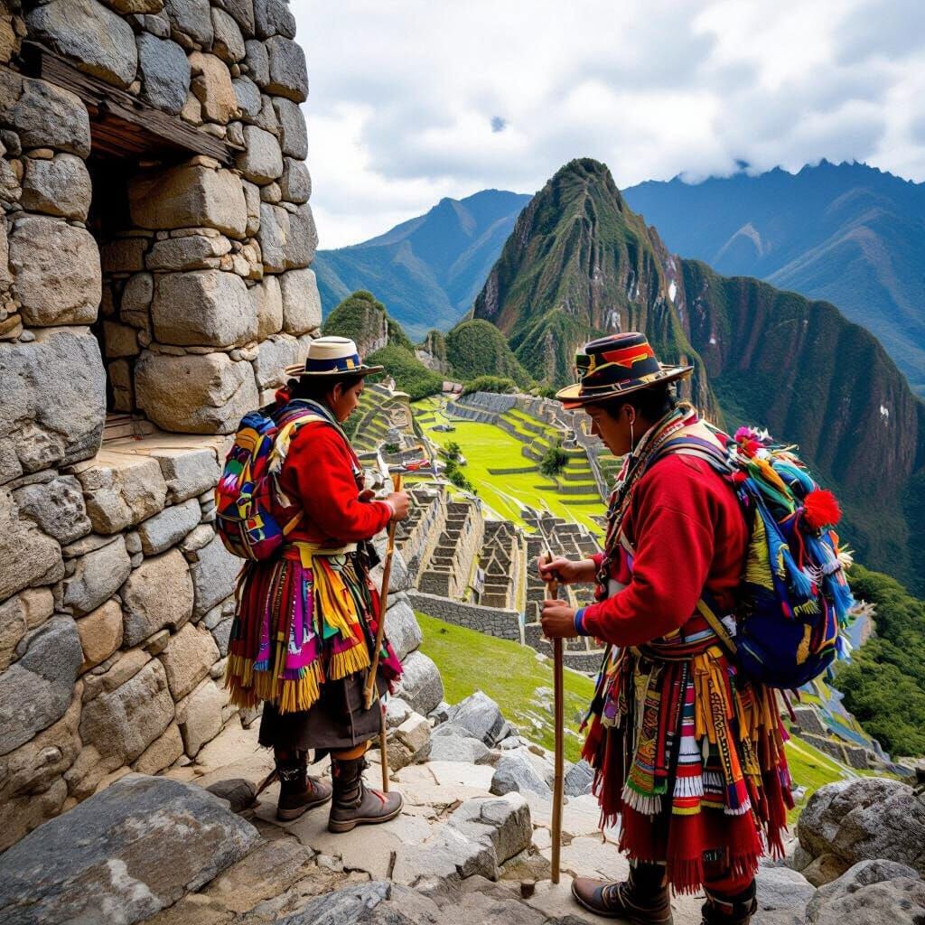 Inca Workers Building Machu Picchu in Abstract Style