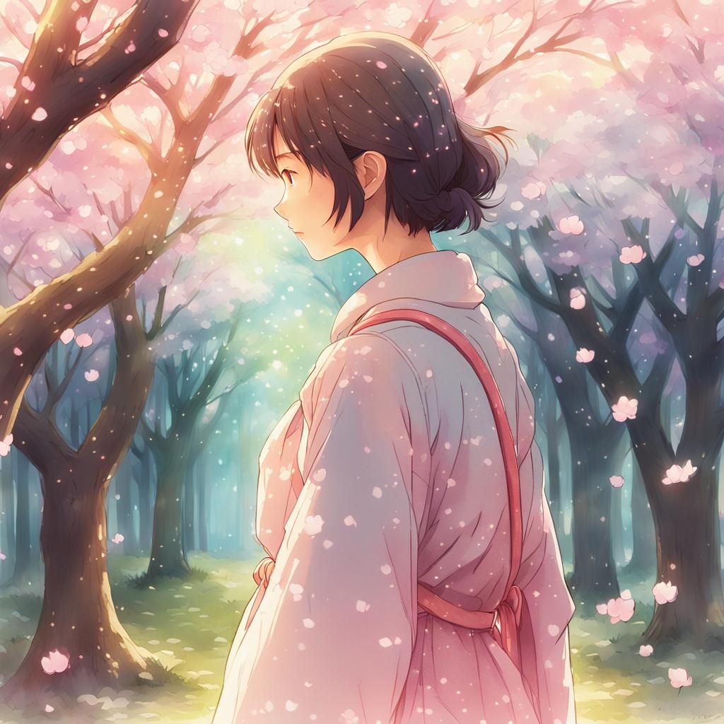 Anime Woman in Cherry Blossom Forest in Watercolor Style