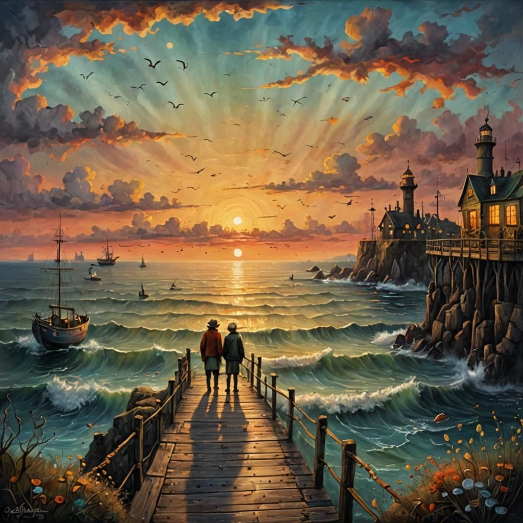 Surreal Sunset Painting with Couple and Fisherman