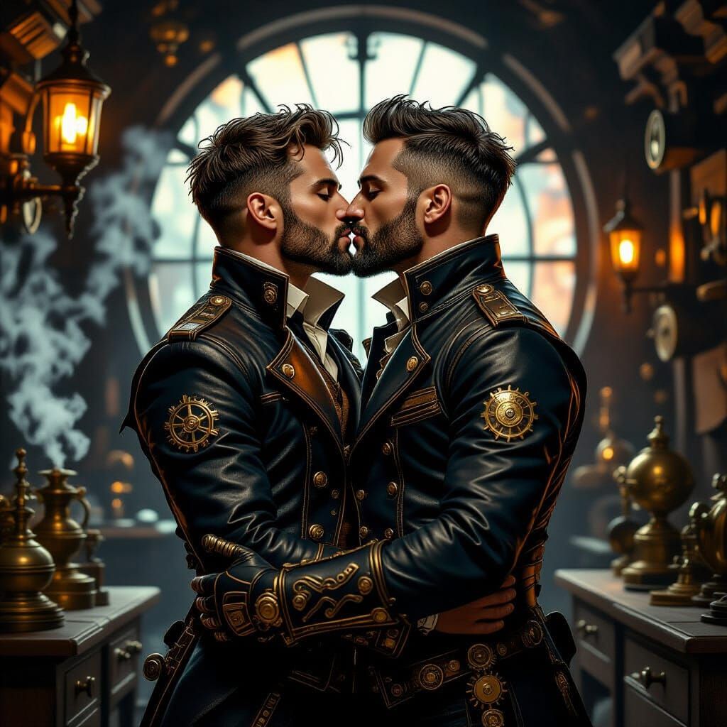 Steampunk Men Kissing in Victorian Workshop