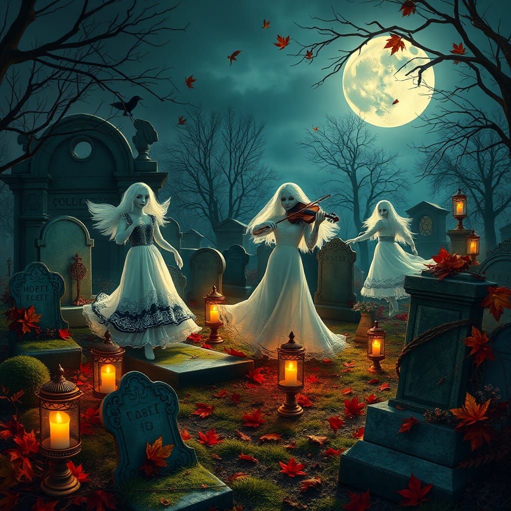 Ghosts Dance in Moonlit Cemetery, Dreamlike Illustration