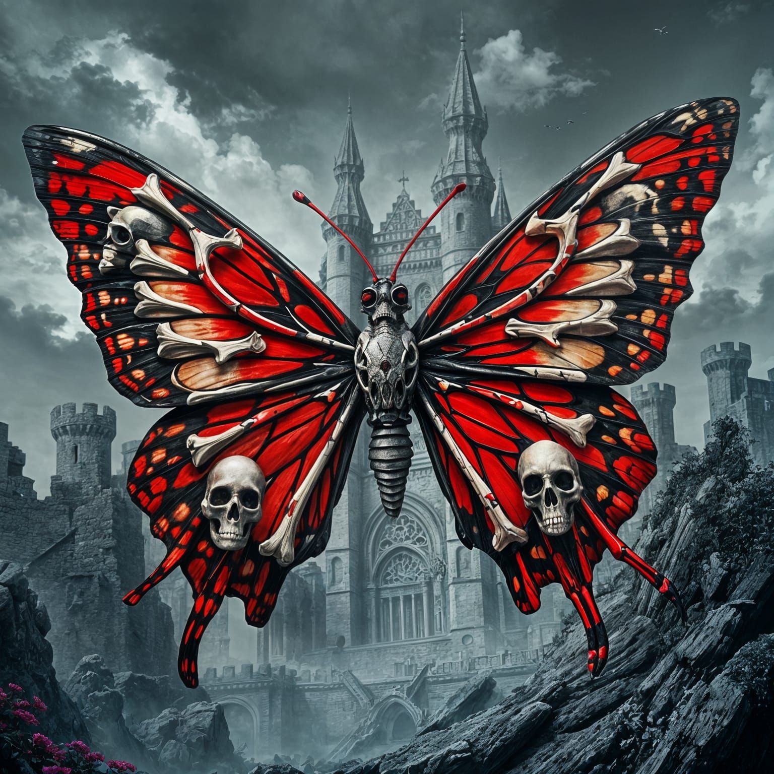 Macabre Butterfly with Ruined Castle