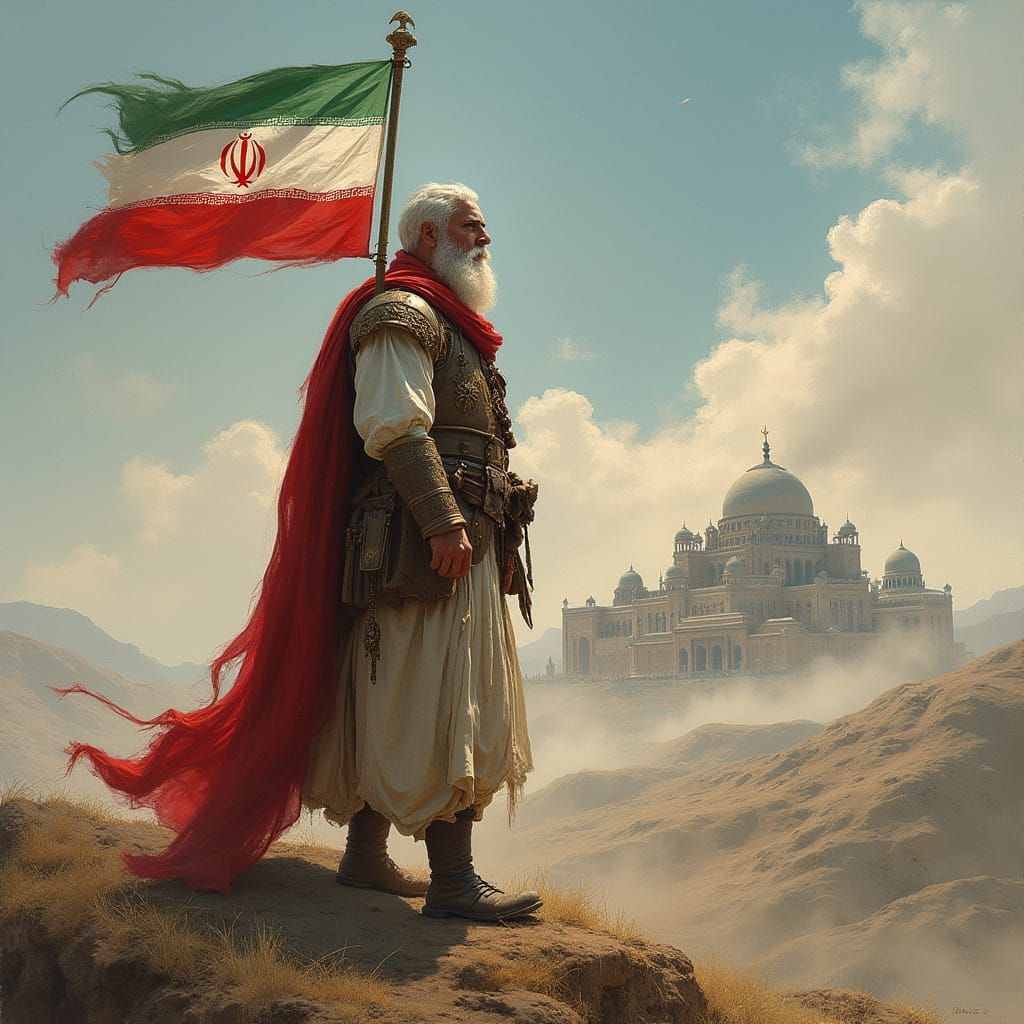 Iranian Warrior with Flag in Persian Painting Style