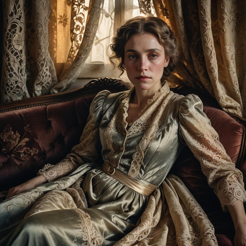 Nostalgic Portrait of a Woman on Velvet Couch