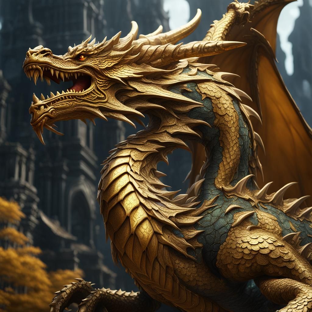 Fantastical Gold Dragon in Detailed Matte Painting