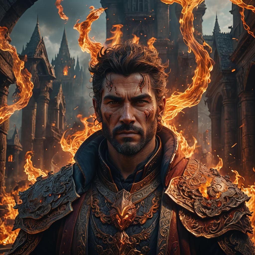 Fiery Man Portrait in Detailed Matte Painting Style
