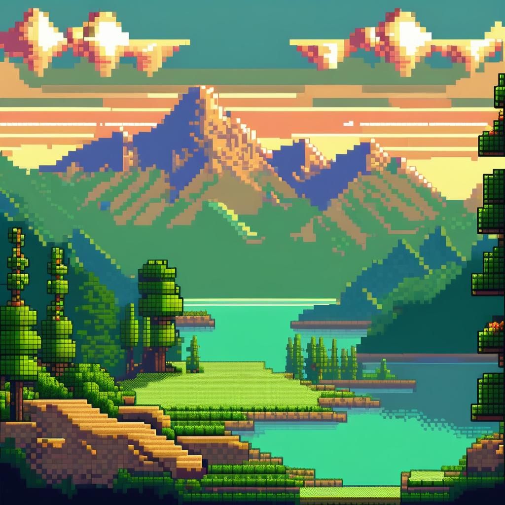 Pixel Art Landscape with Mountain Range