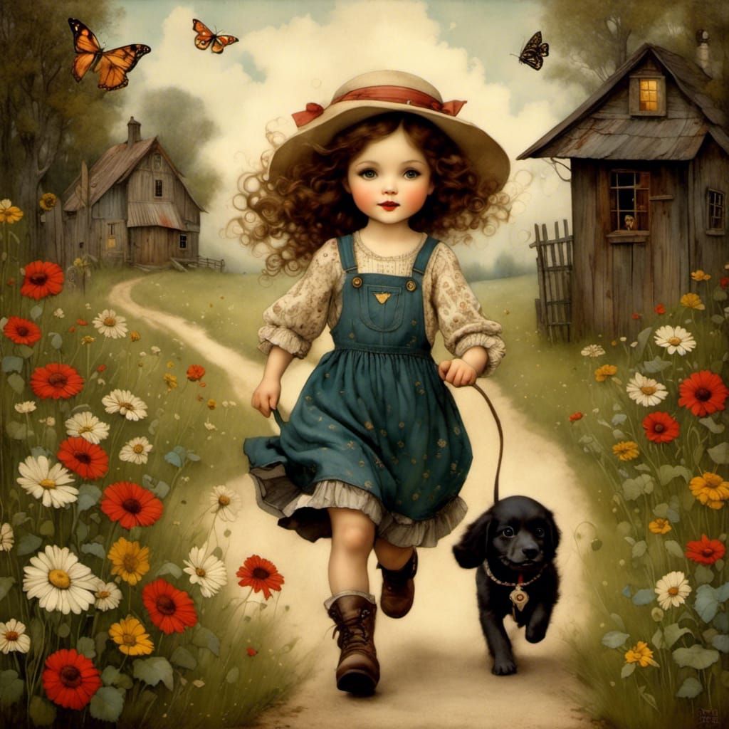 Cute Redneck Girl Running with Puppy in Cel-Shaded Style