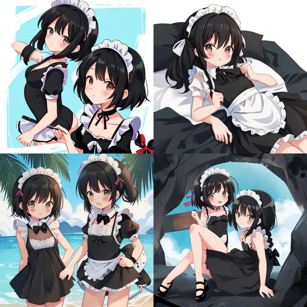 Anime Maid in Black Swimsuit Illustration