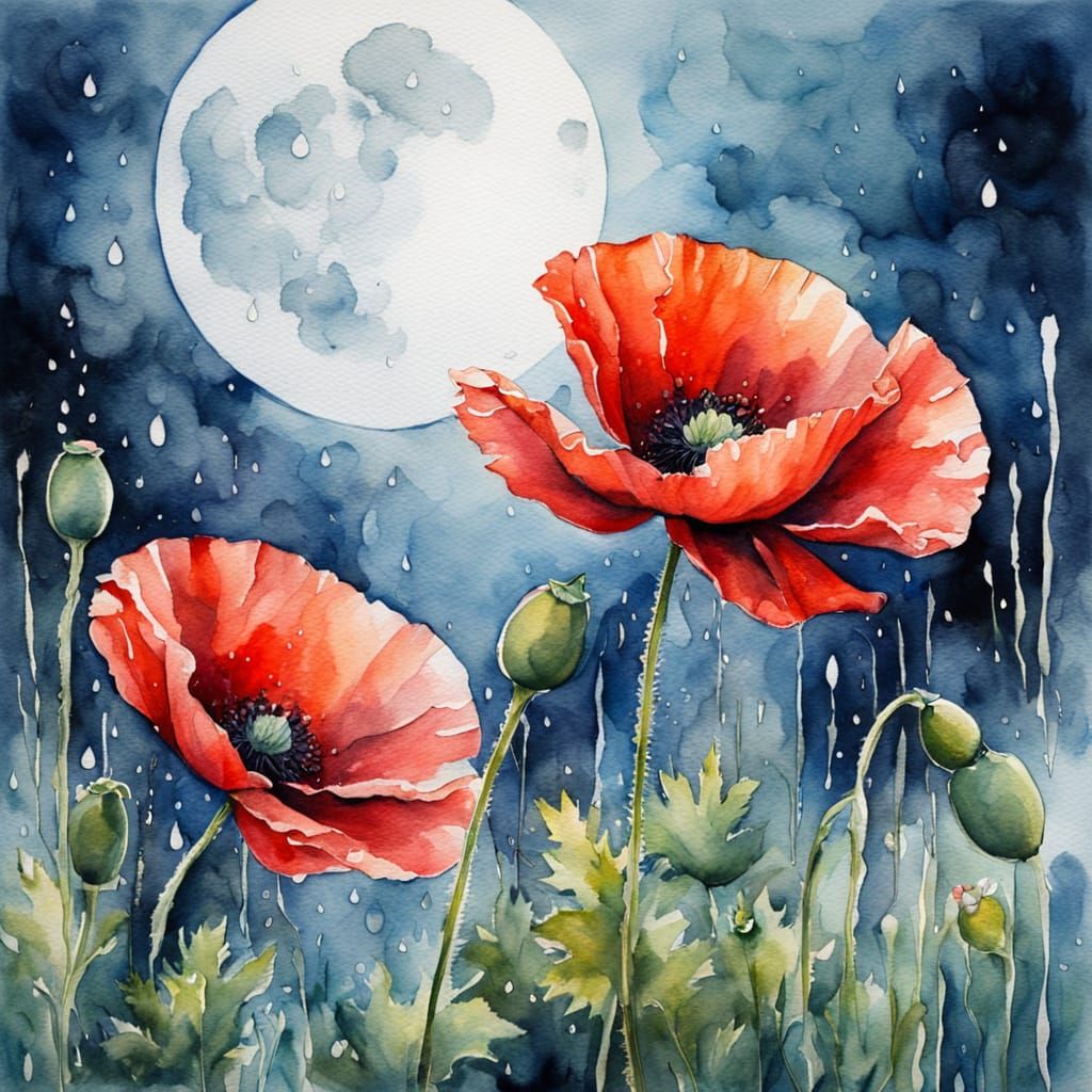 Watercolor Poppy with Full Moon and Rain