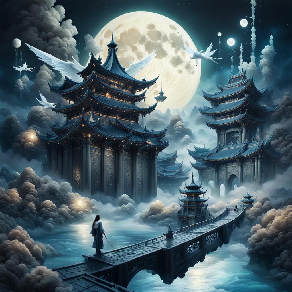 Angel on Moonlit River: Fantasycore Watercolor Painting