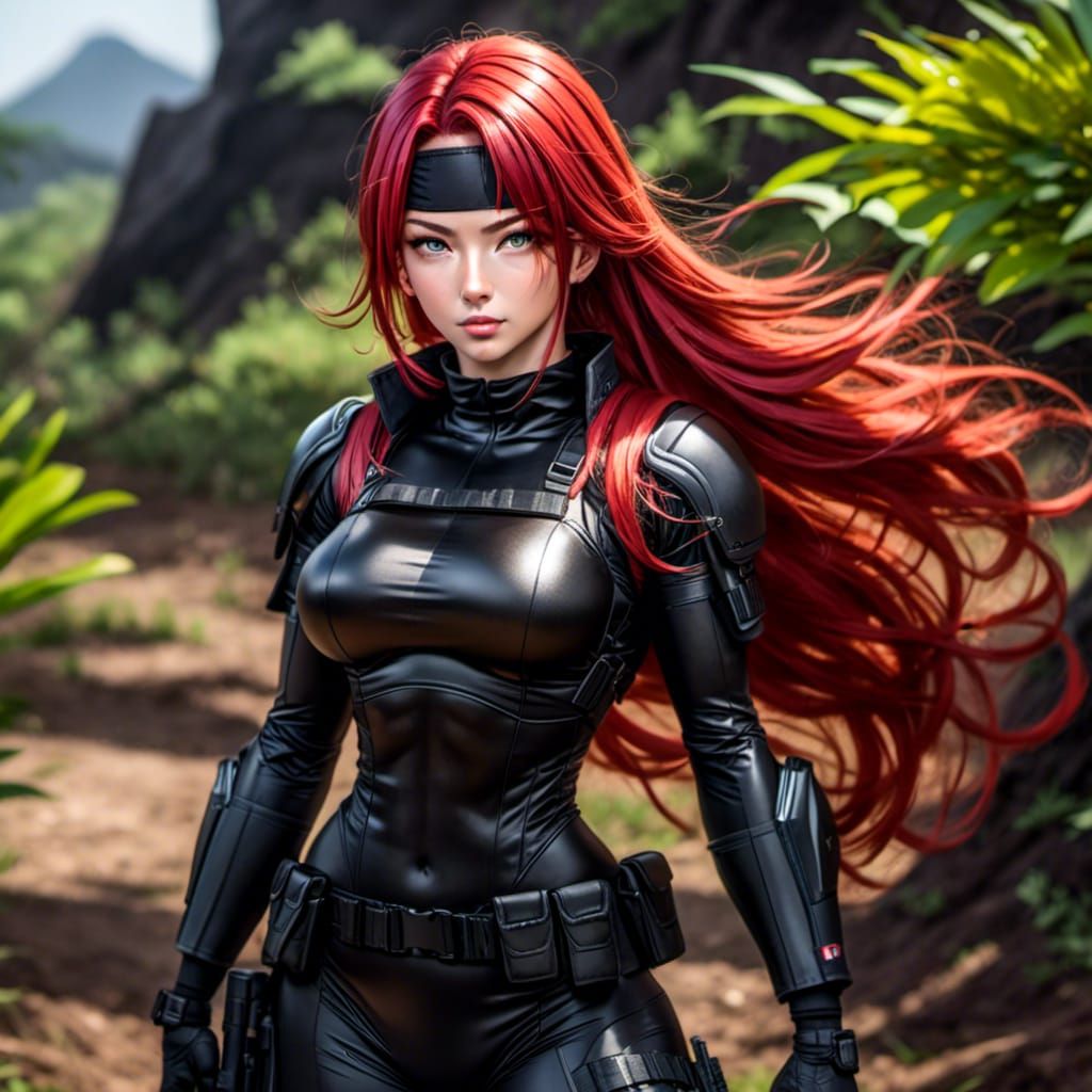 Female Soldier with Red Hair in Combat Gear