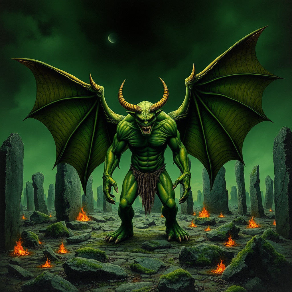 Menacing Green Orc with Wings in Apocalyptic Landscape