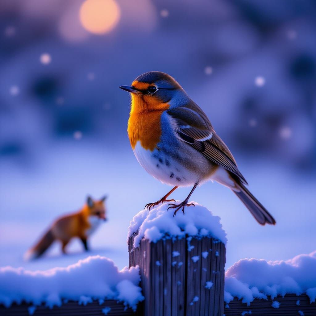 Robin on Icy Gate in Hyperrealistic Style