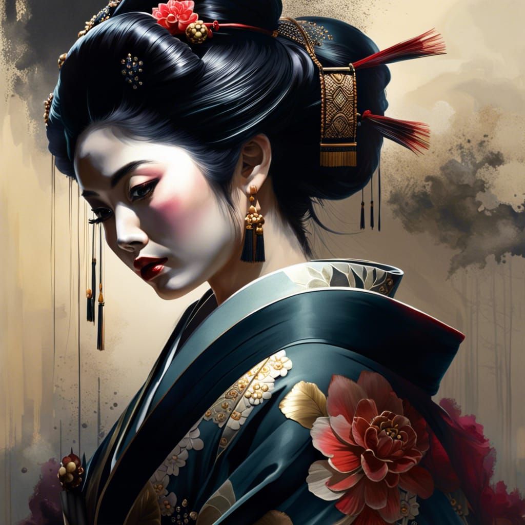 Geisha in Black Ink Flowing Gouache