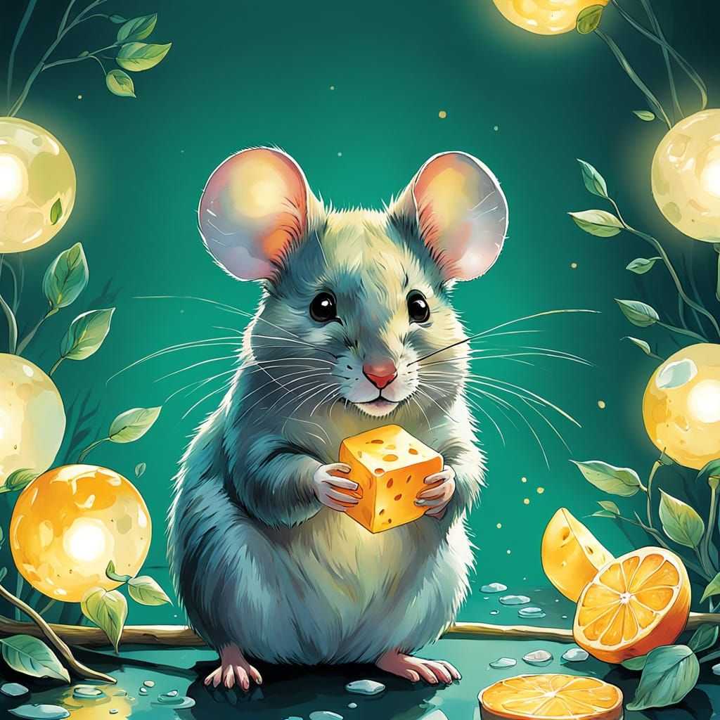 Charming Mouse Eats Cheese: Whimsical Watercolor Illustratio...