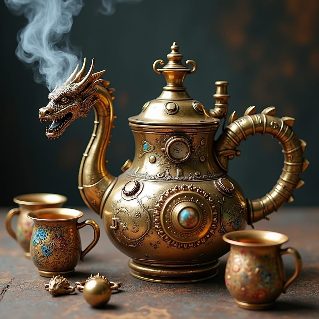 Steampunk Engine Teapot with Dragon's Head Mugs in Intricate...
