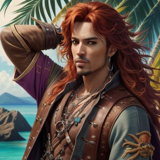 Detailed Pirate Portrait on Tropical Beach