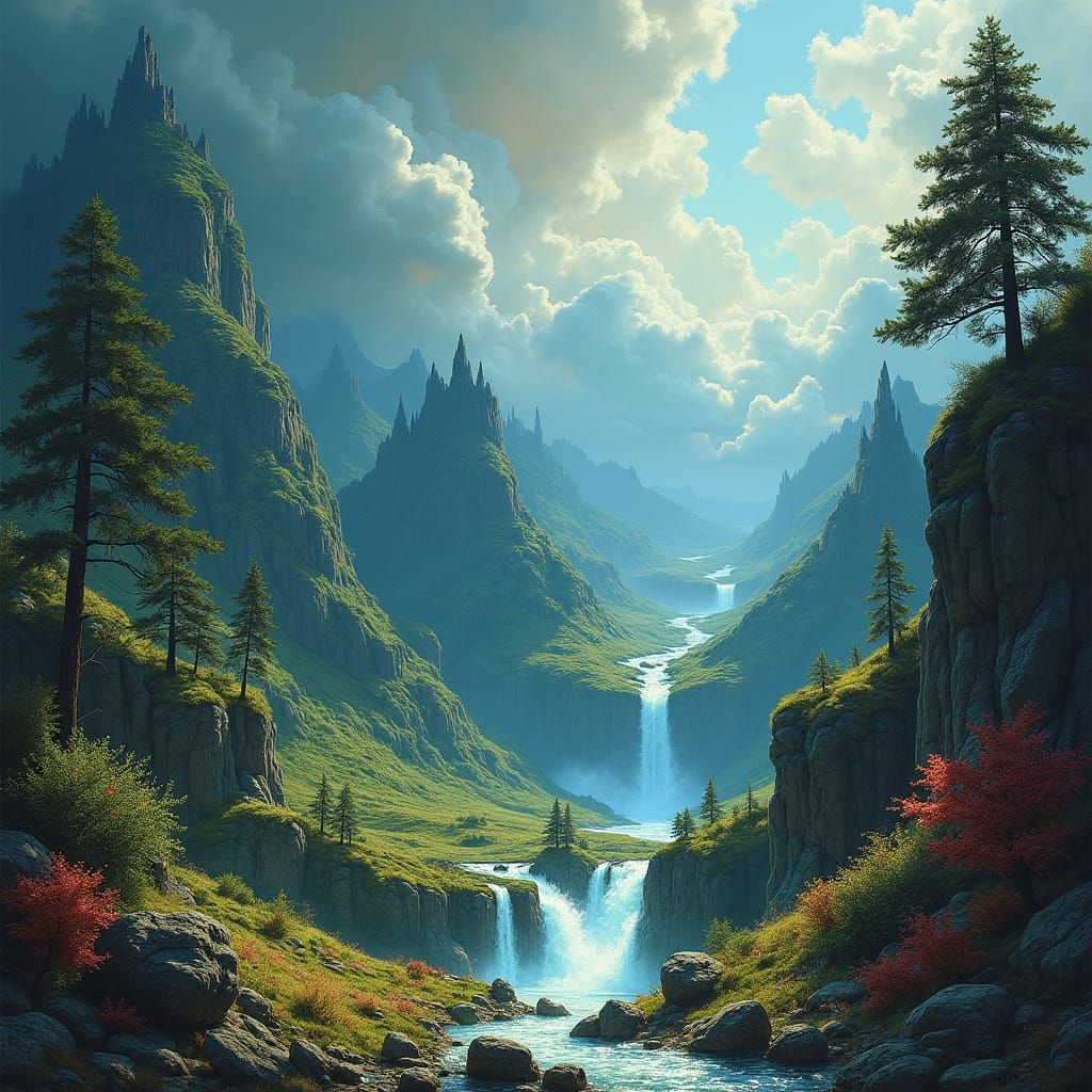 Mystical Realm with Waterfalls and Ancient Forests