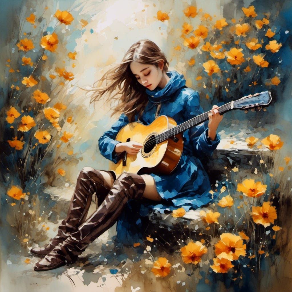Impressionistic Girl with Guitar in Blue Sepia