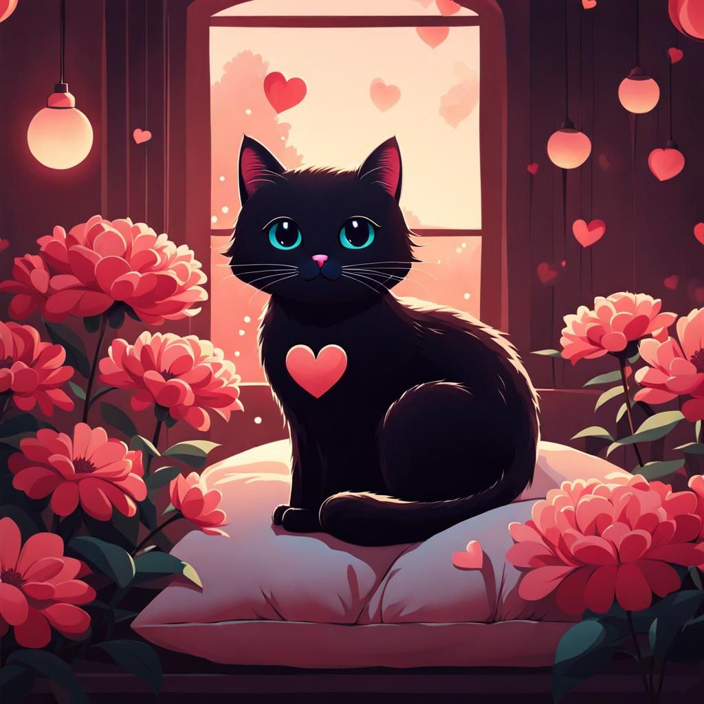 Cute Cat Surrounded by Flowers, Digital Art