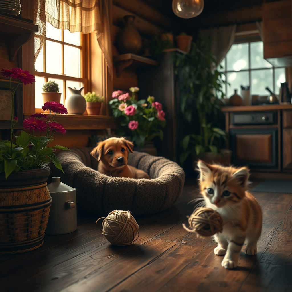 Cozy Rustic Cabin Kitchen with Puppy and Kitten