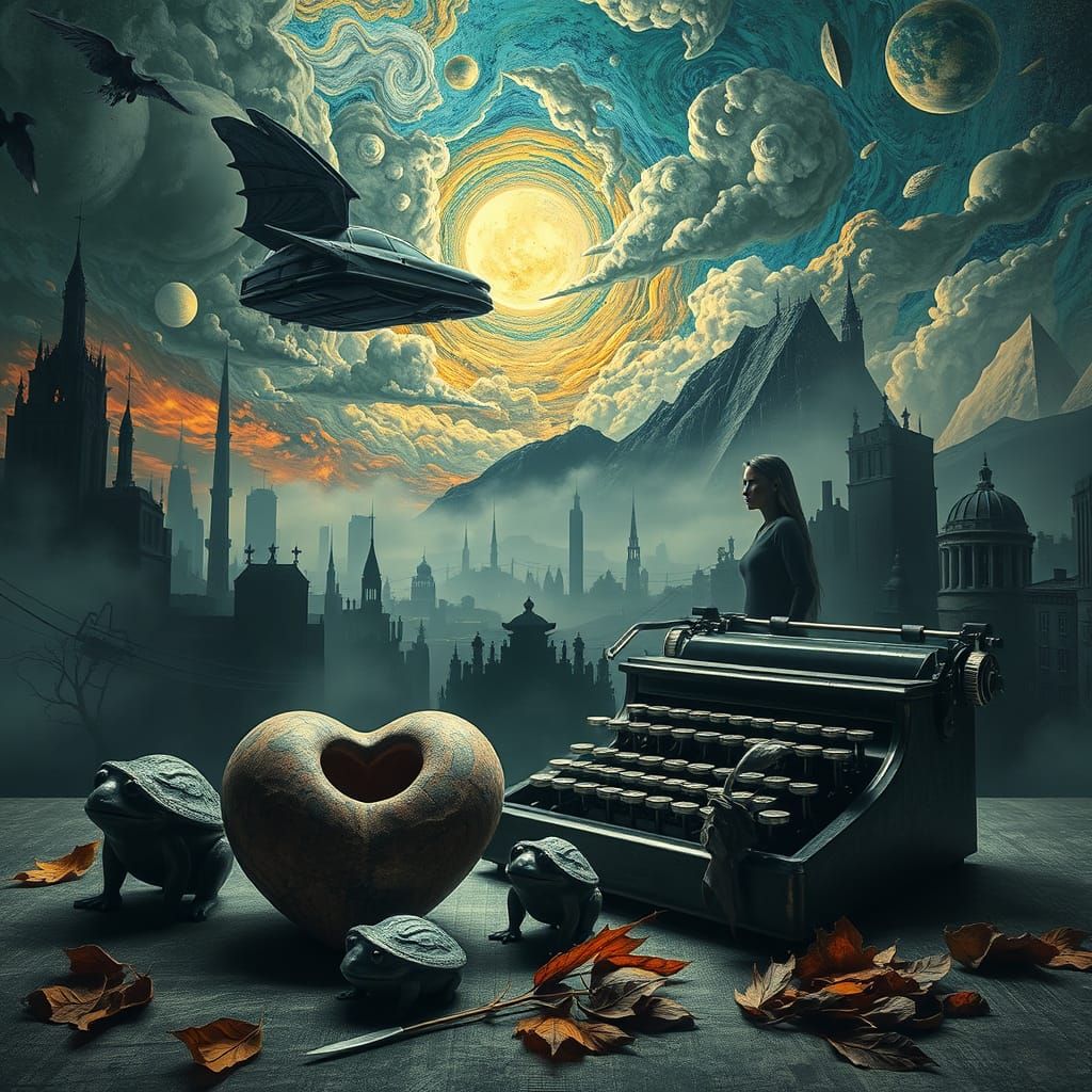 Surrealist Cityscape with Fragmented Still Life and Cosmic S...