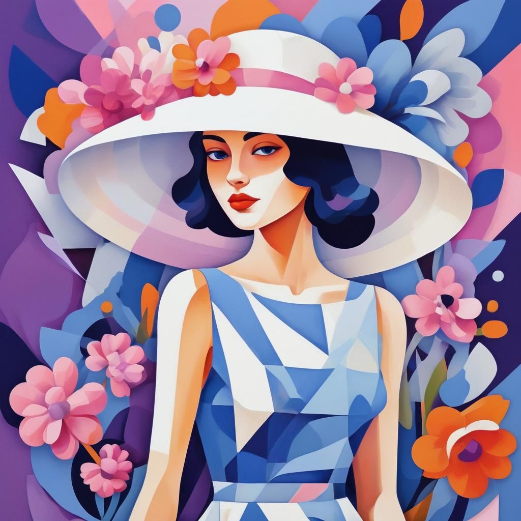 Woman with Flowers in Cubist Art Deco Style
