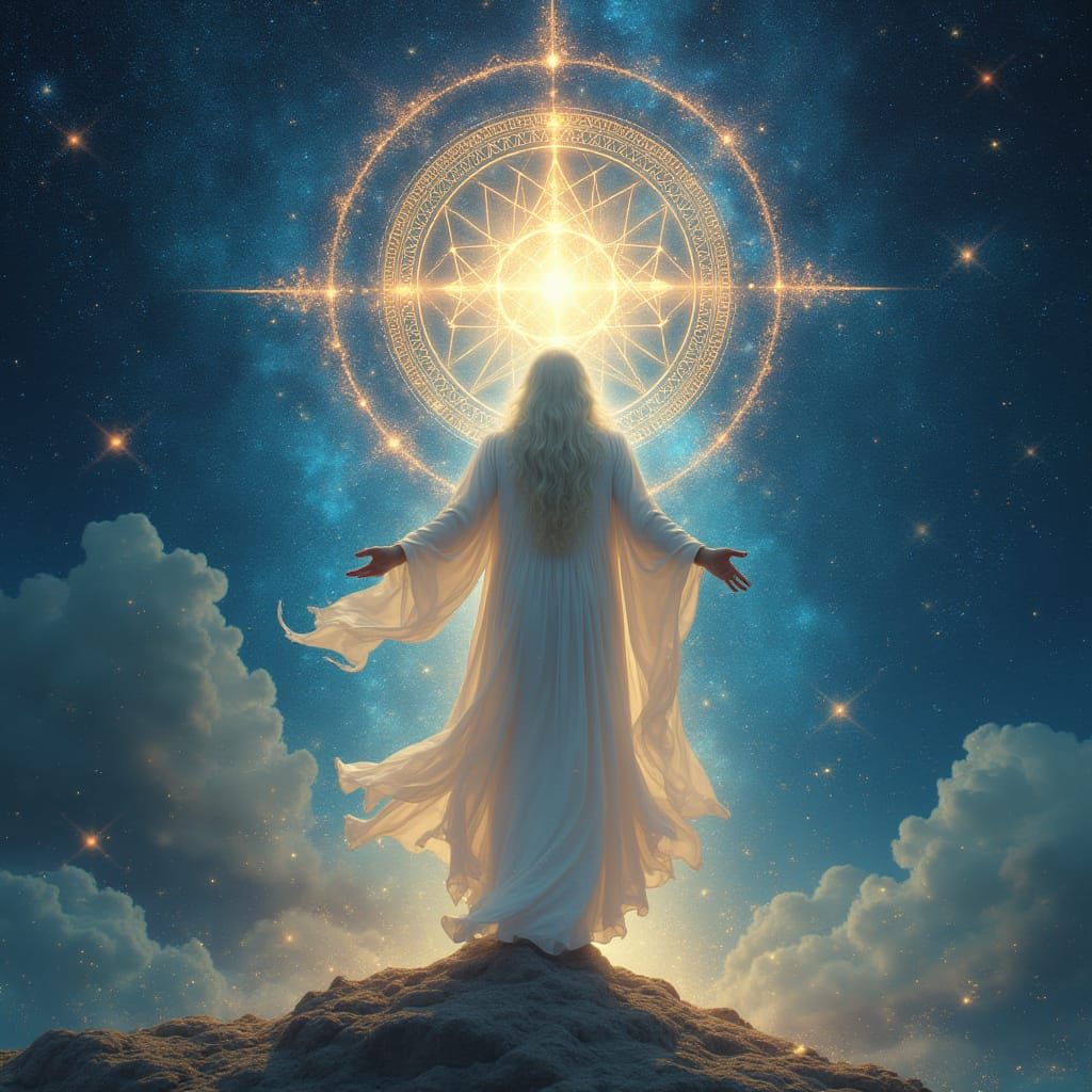 Ethereal Being Among Stars with Sacred Geometry
