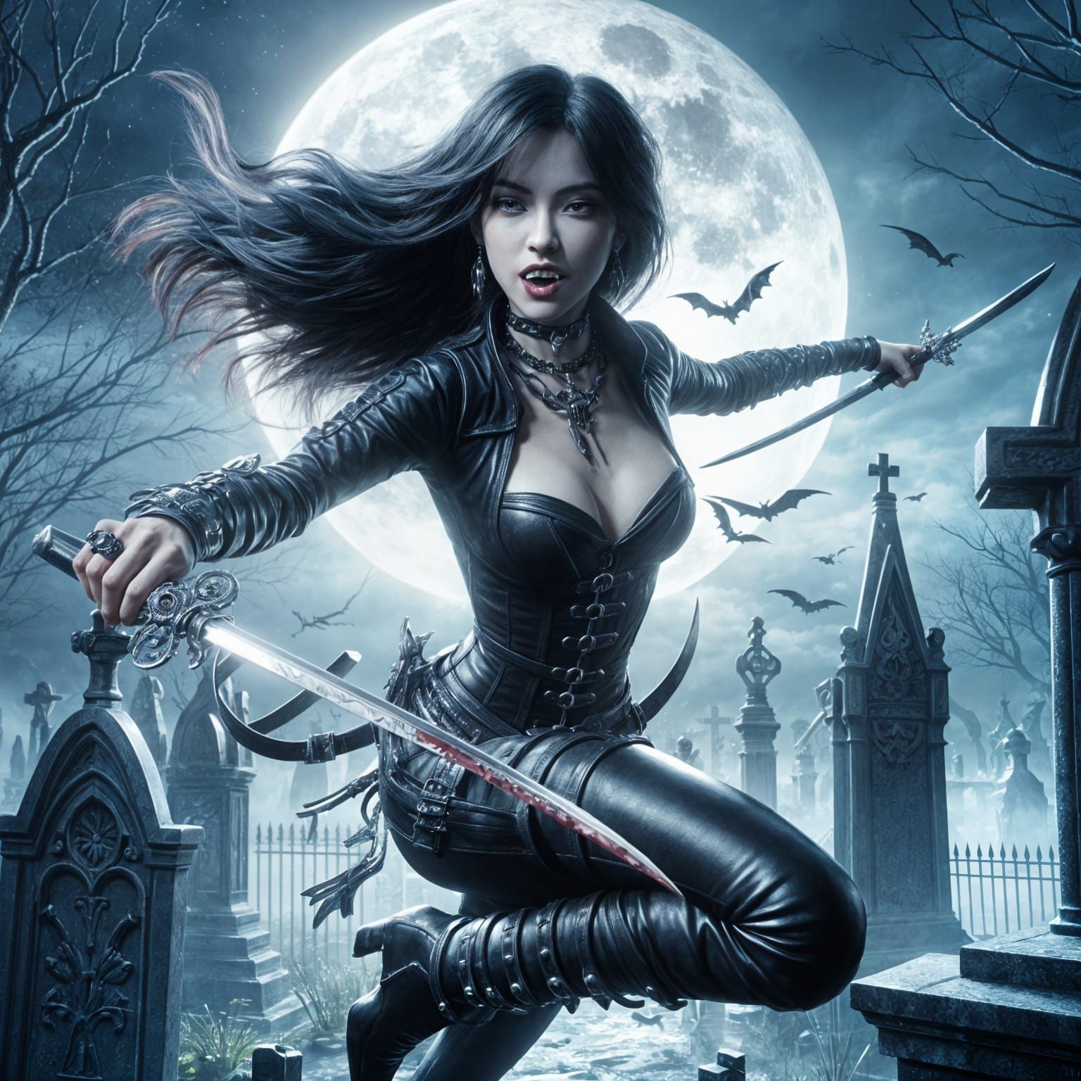 Vampire Leaps with Swords in Cemetery Moonlight