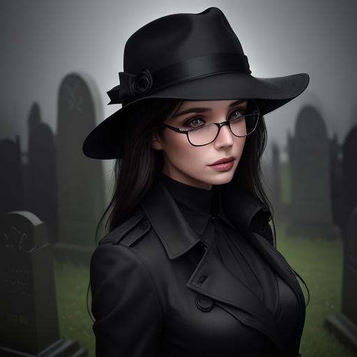 Brunette in Fedora Visits Rainy Cemetery