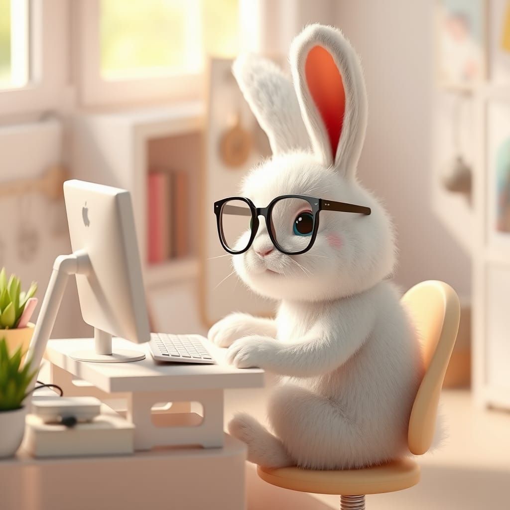 Rabbit at Computer as 3D Rendered Art