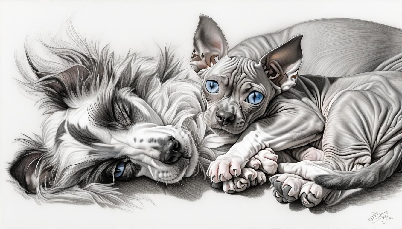 Touching Pencil Sketch of Dog and Cat