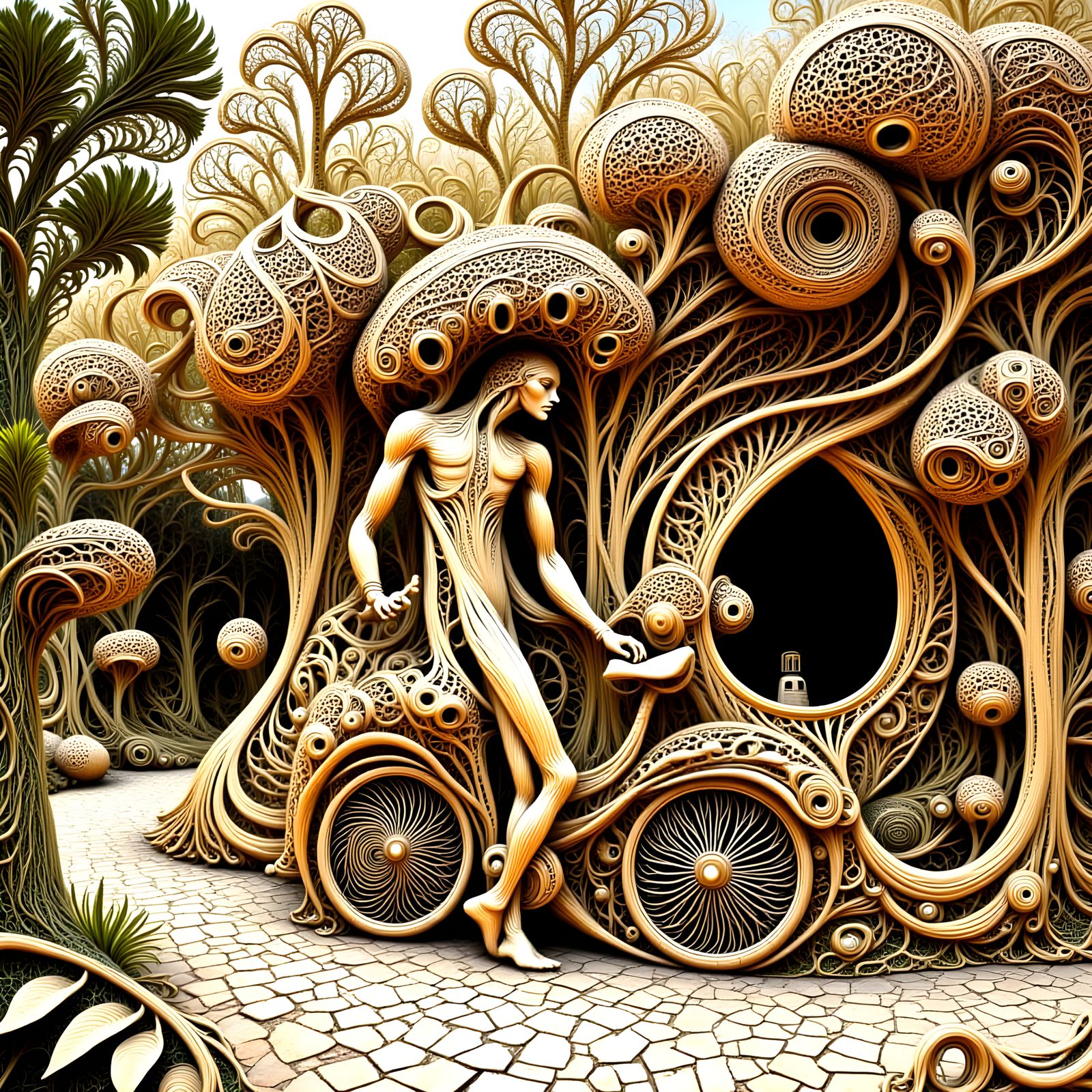 Surreal Wicker Pattern Man Dancing With Bicycle In Art Galle...