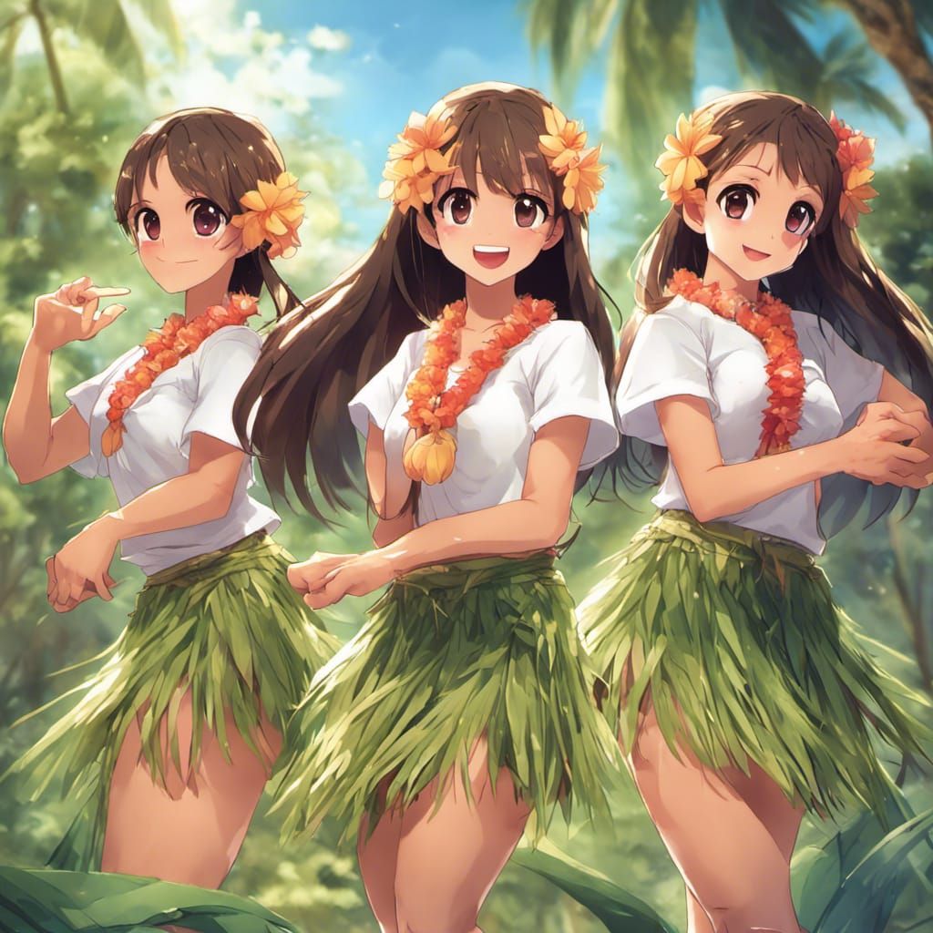 Smiling Hula Girls in Anime Style