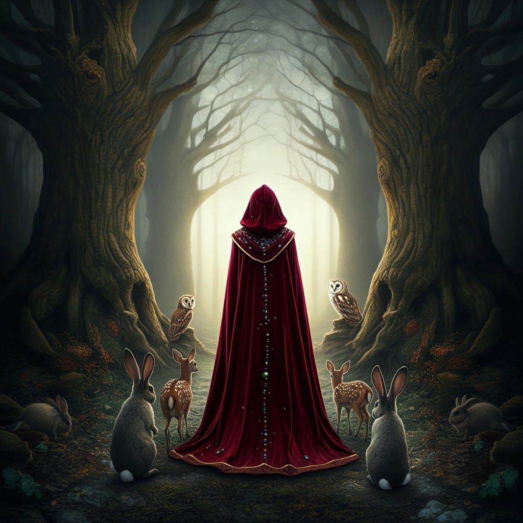 Enchanted Witch Emerges from Mystical Forest in Red Robes