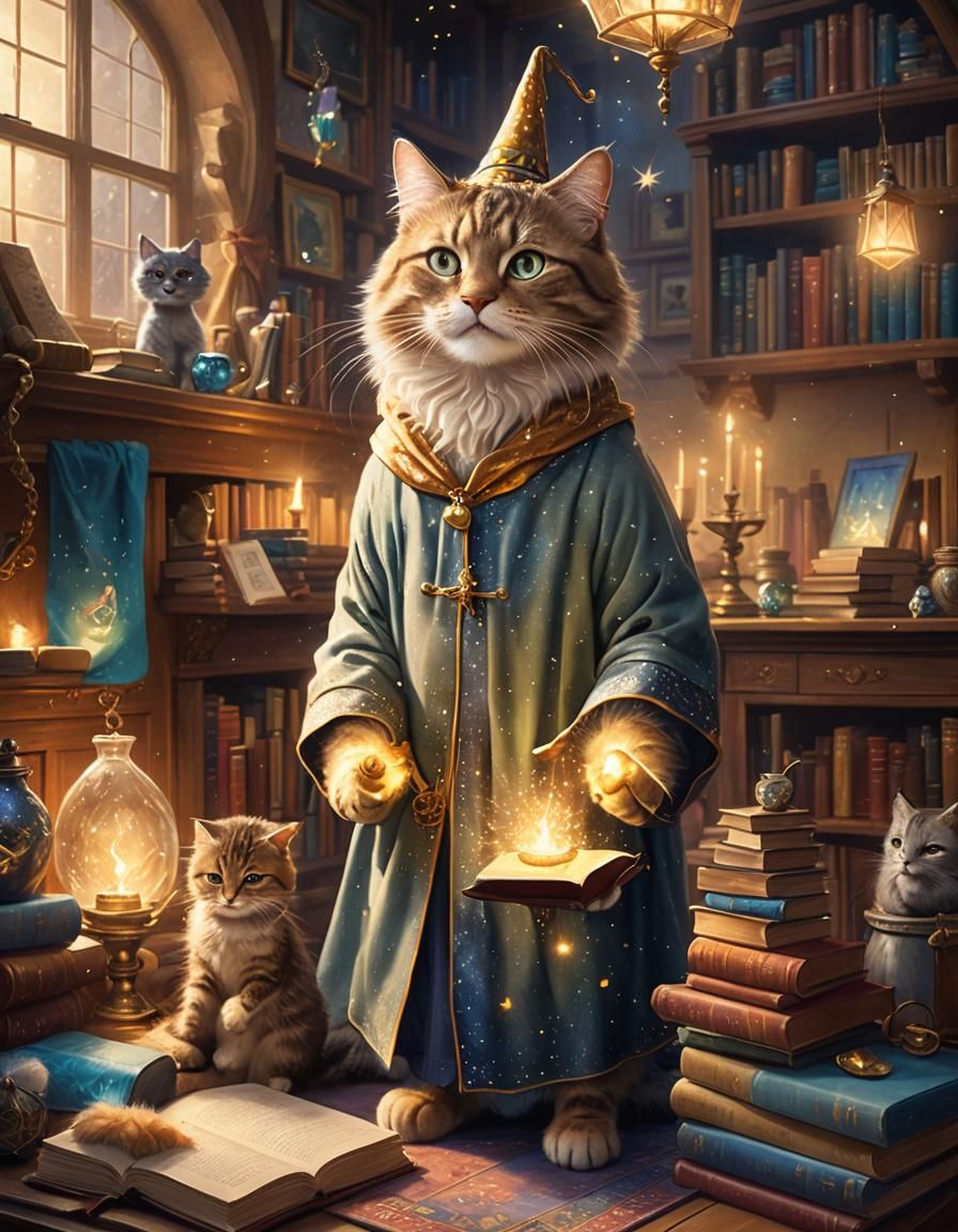 A playful illustration of a cat wearing a wizard's robe, con...