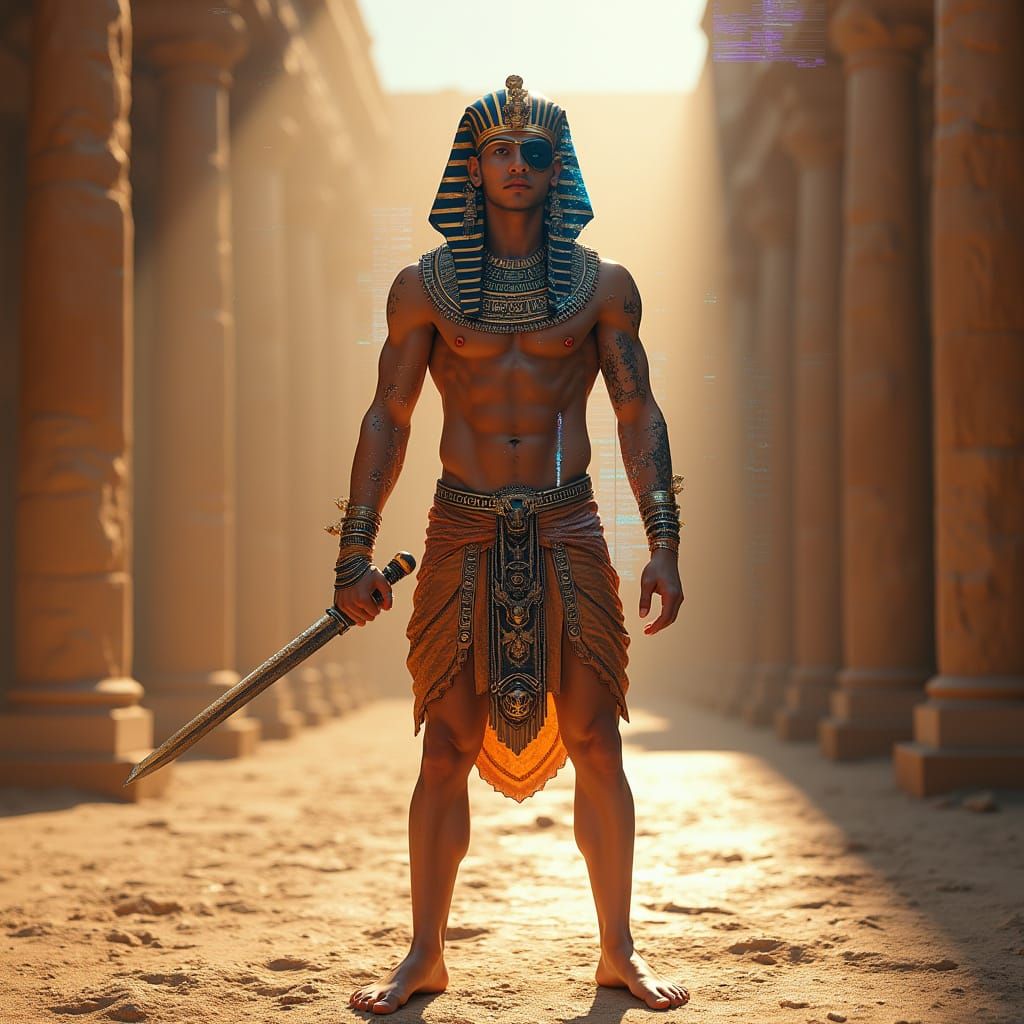 Cyberpunk Pharaoh Portrait with Digital Glitches