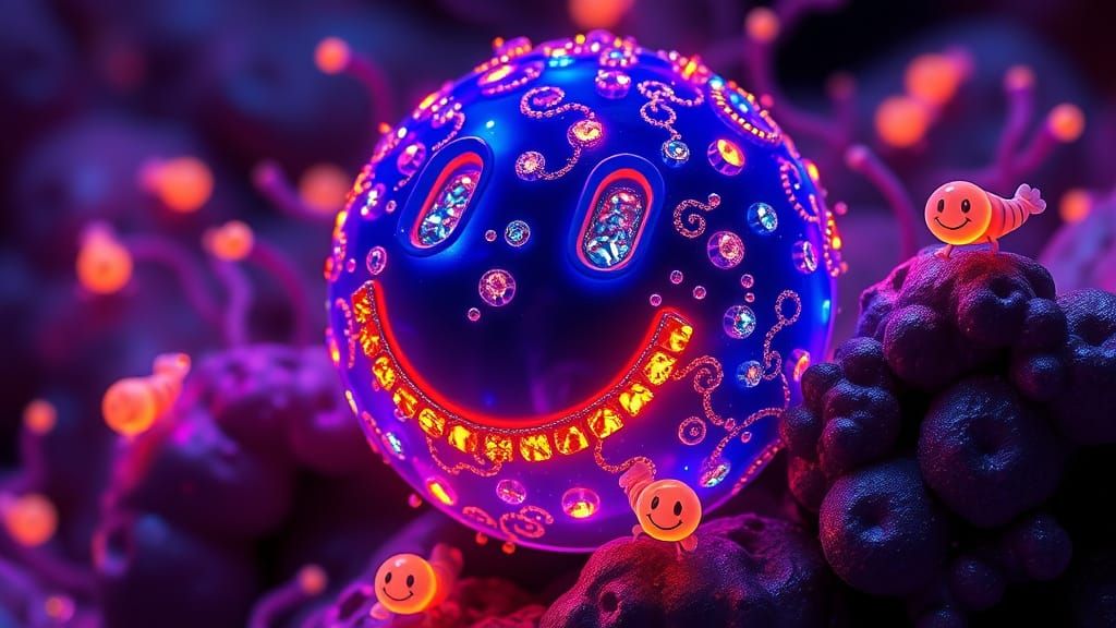Bioluminescent Amoeba Smiley Face with Gems and Tardigrades