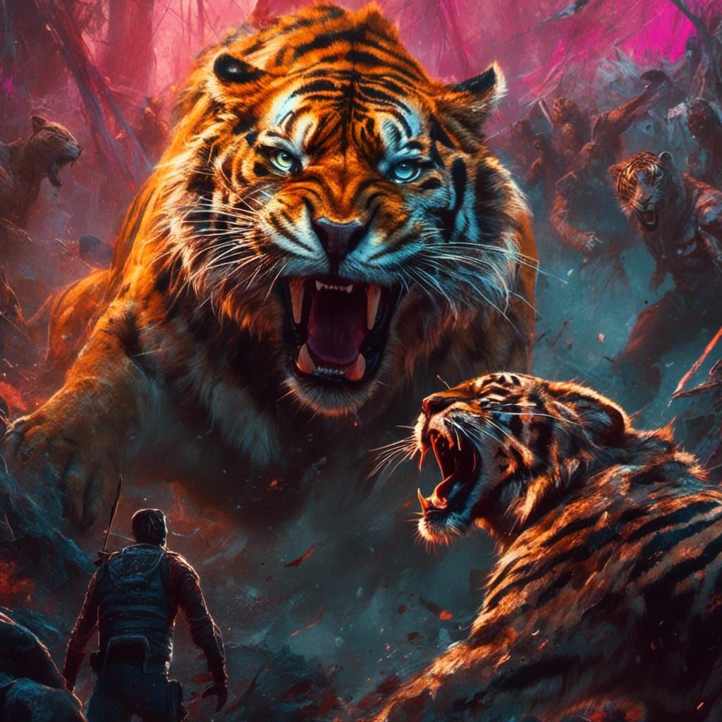 Human Tiger vs Lion Fight in Cyberpunk Jungle