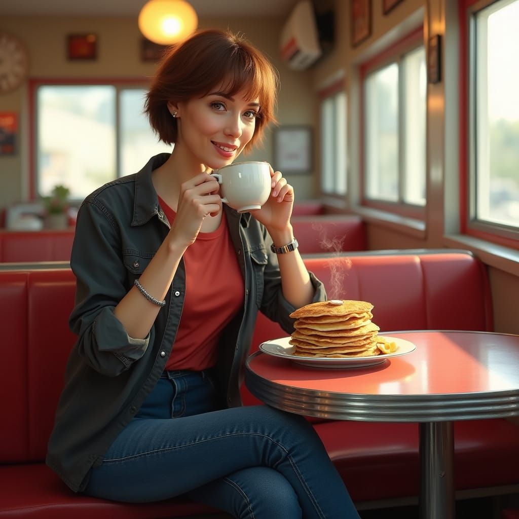 Realistic 50s Diner Scene: Woman Enjoys Coffee and Pancakes
