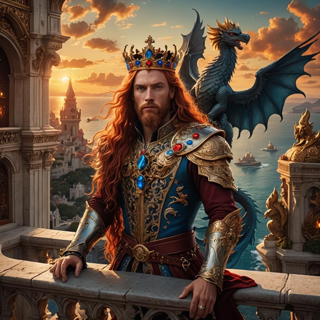 Fantasy Prince Watching Dragons at Sunset