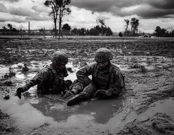 Soldiers Rescue Wounded Comrade in Muddy Crater