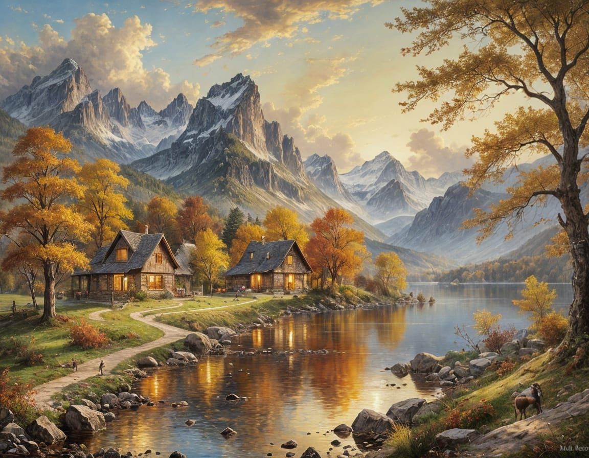 Autumn Landscape with Lake in Oil Painting Style