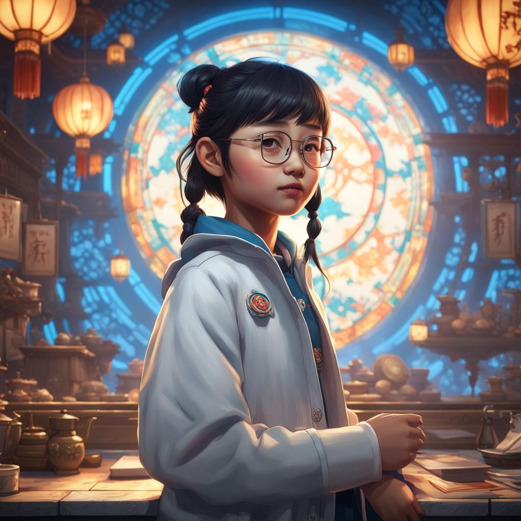 Smiling Chinese Girl Portrait in Art Nouveau Style