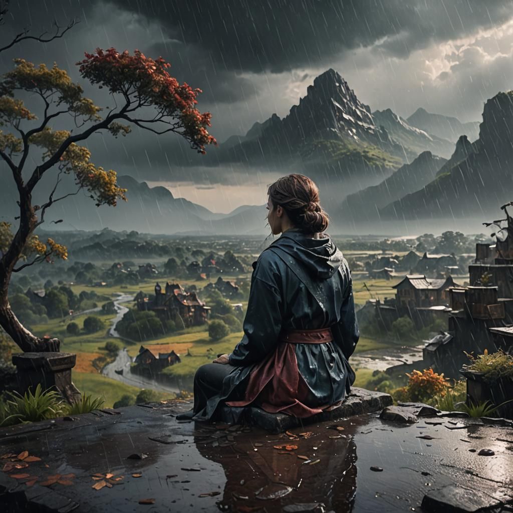 Woman in Rainy Landscape: Fantasy Concept Art