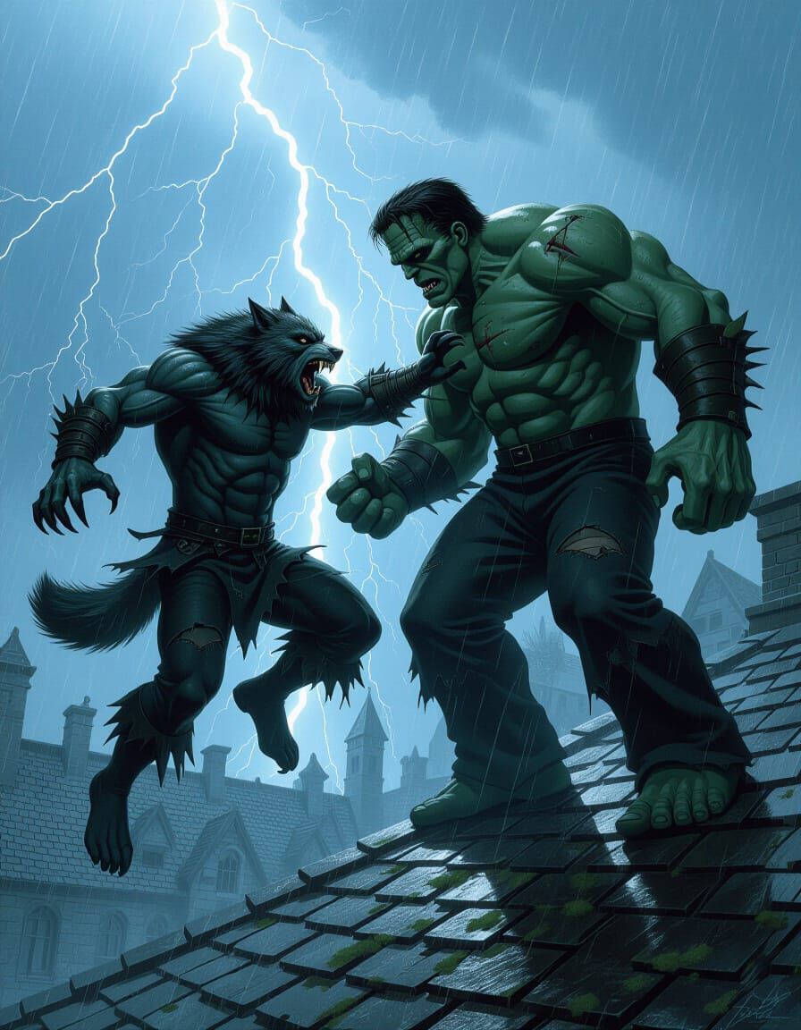 Wolfman Battles Frankenstein's Monster in Dark Fantasy Storm