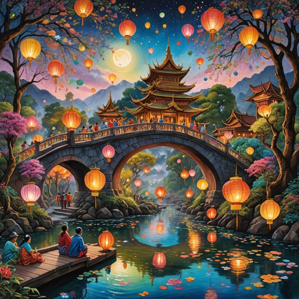 Yi Peng Lanterns Ascend in Thailand: Gouache Art