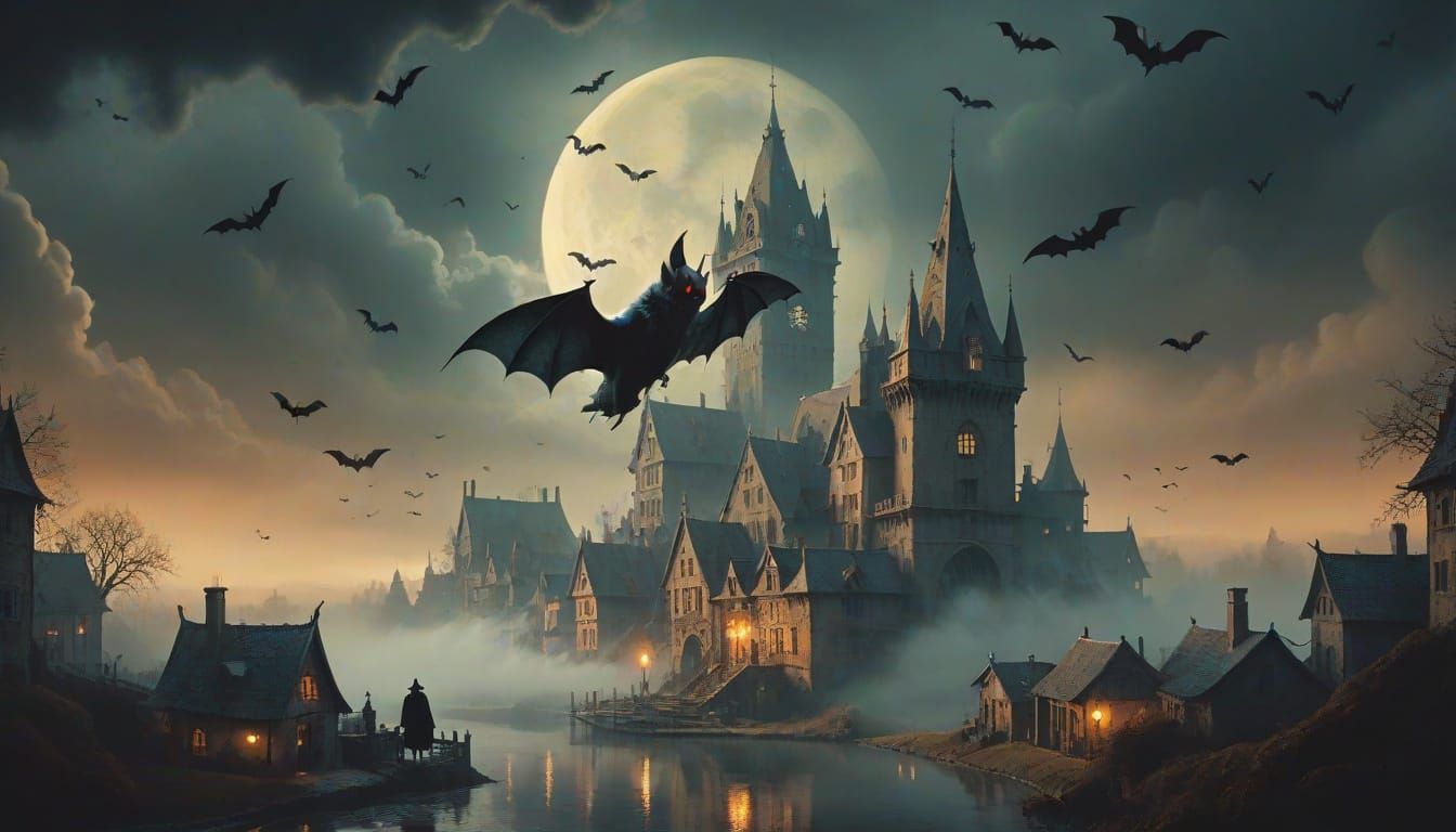 Gothic Night Bats Descend on a Village in Soft Focus
